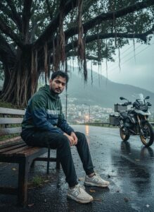 A Vintage Bench Beside A Rainy Rural Mountain Street