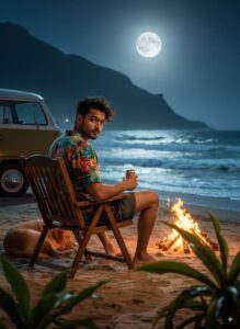 Young Man On A Beach At Night